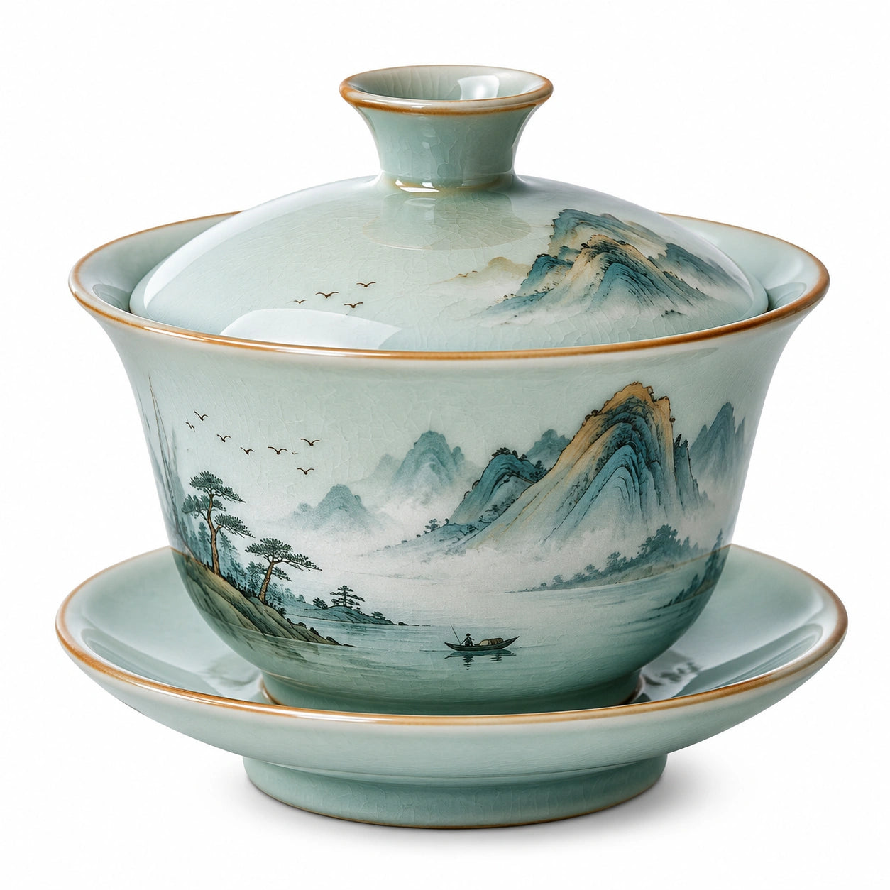 Tazza Gaiwan in Ceramica 180 ml Verde Salvia con Coperchio e Piattino Decorata