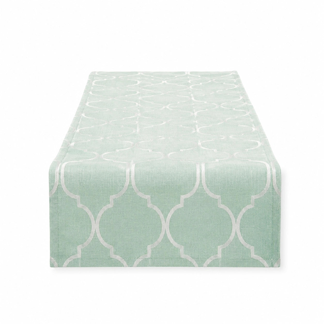 Runner da tavola 180 x 33 cm in tessuto verde salvia con motivo geometrico - decorativo e antipiega