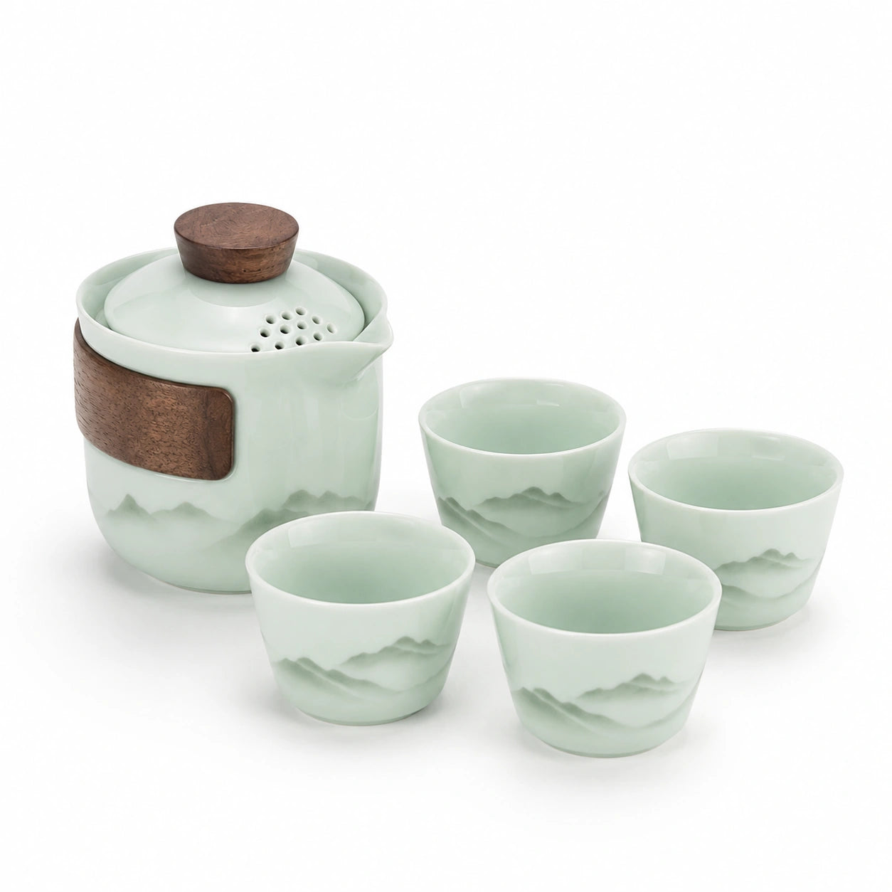 Servizio da tè in ceramica 700 ml verde chiaro con dettagli in legno stile naturale