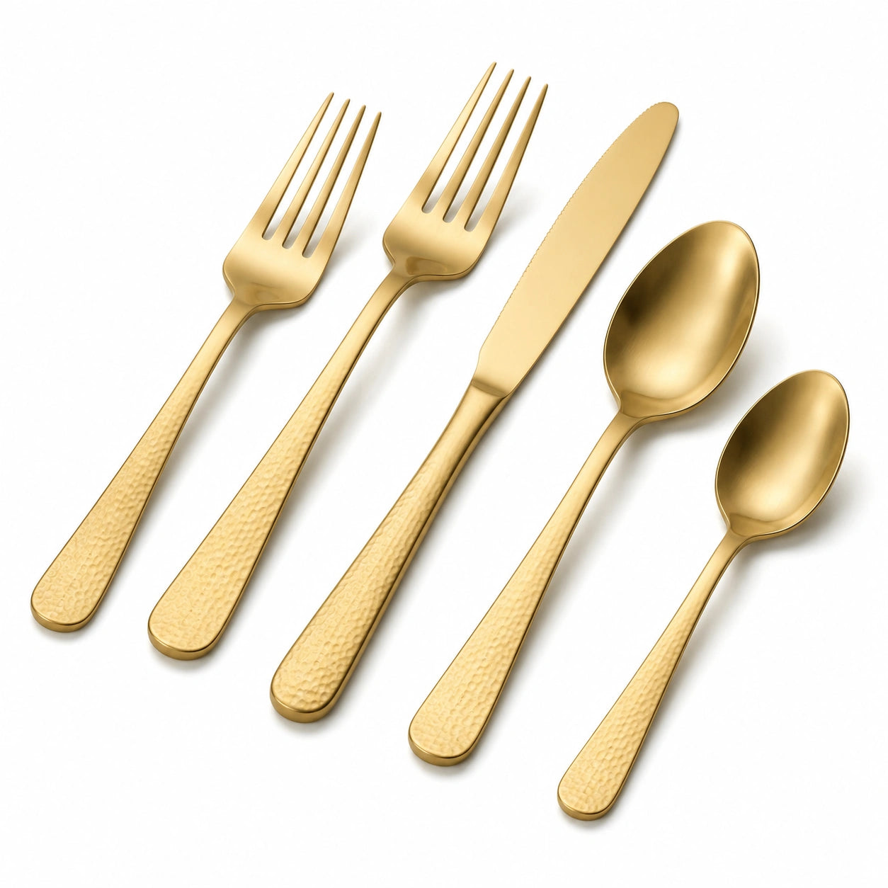 Set posate 5 pezzi in acciaio inox dorato con manico martellato per tavola