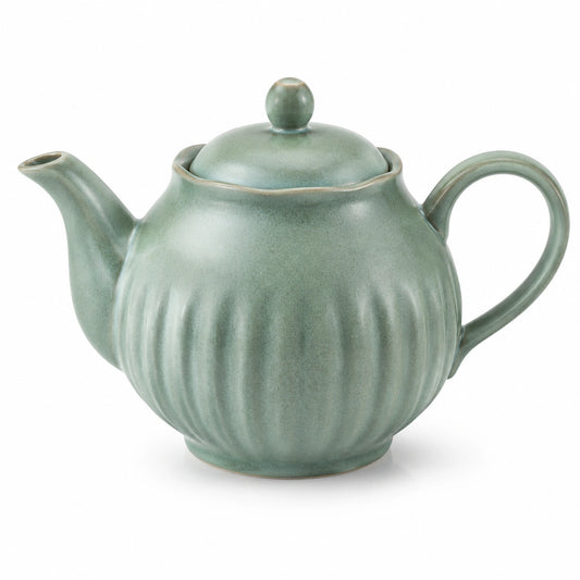 Teiera in ceramica 900 ml verde salvia - design scanalato con coperchio