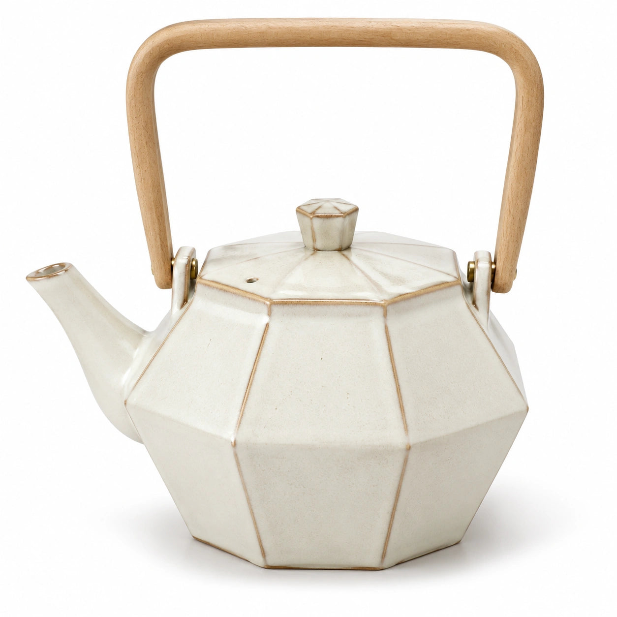Teiera in ceramica 1200 ml avorio con manico in legno - design sfaccettato per tè e infusi