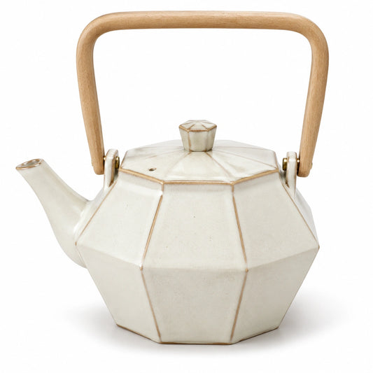 Teiera in ceramica 1200 ml avorio con manico in legno - design sfaccettato per tè e infusi