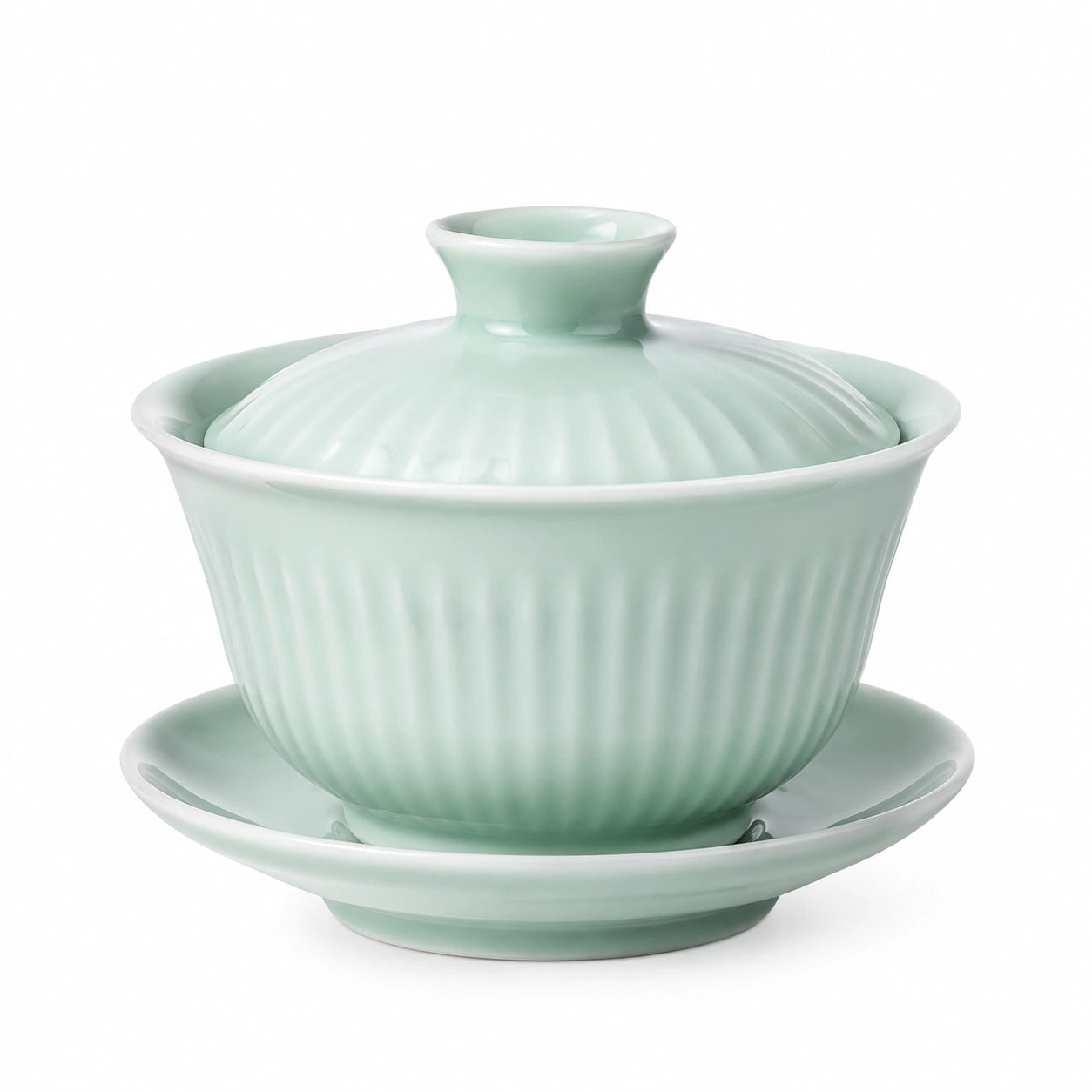 Tazza Gaiwan da Tè 120 ml in Ceramica Verde Chiaro con Coperchio e Piattino Rigato