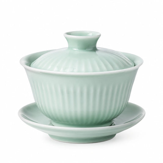 Tazza Gaiwan da Tè 120 ml in Ceramica Verde Chiaro con Coperchio e Piattino Rigato