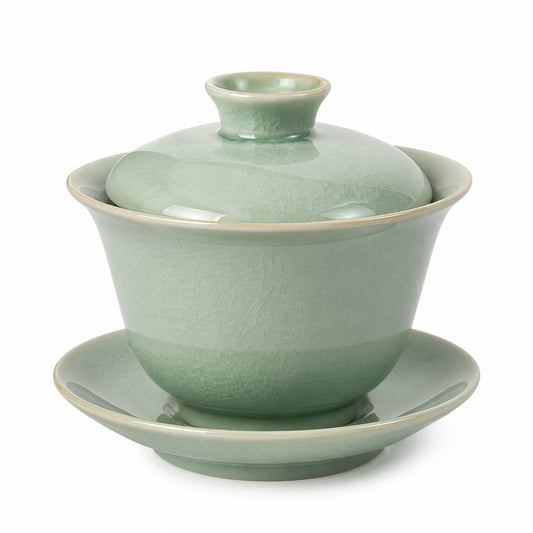 Tazza Gaiwan 150 ml in ceramica verde celadon con coperchio e piattino
