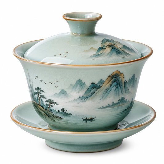 Tazza Gaiwan in Ceramica 180 ml Verde Salvia con Coperchio e Piattino Decorata