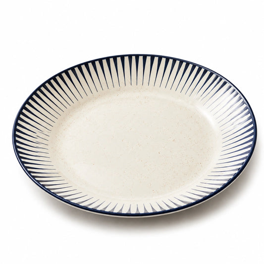 Piatto fondo 26 cm in ceramica beige e blu a righe per pasta