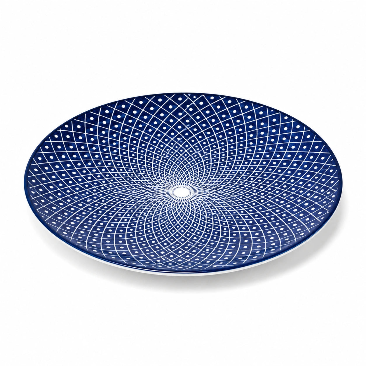 Piatto piano rotondo 30 cm in ceramica blu e bianco con motivo geometrico per tavola