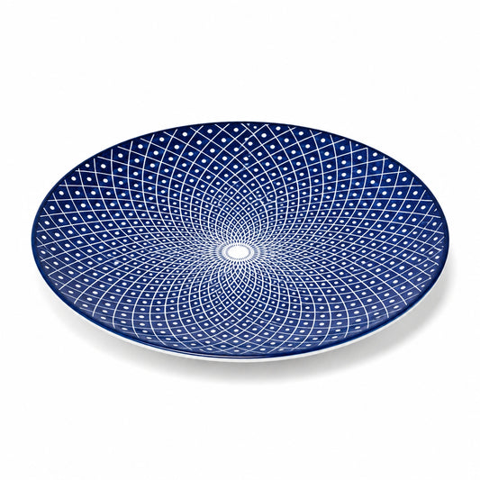 Piatto piano rotondo 30 cm in ceramica blu e bianco con motivo geometrico per tavola