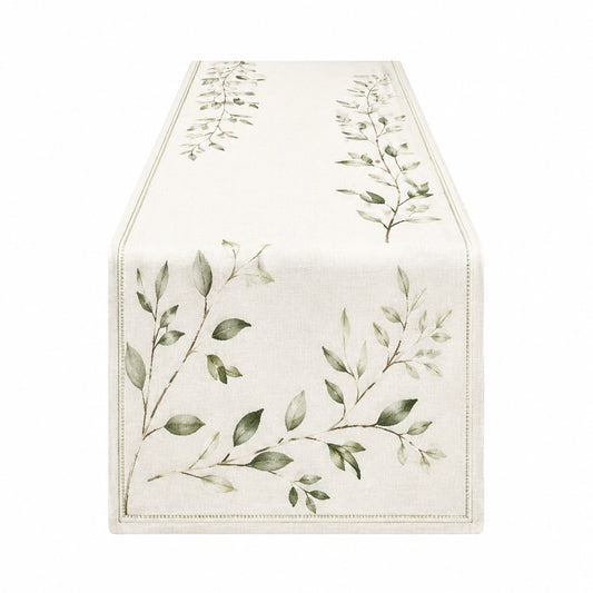 Runner da tavolo 40 x 180 cm in tessuto beige con motivo botanico verde stile naturale