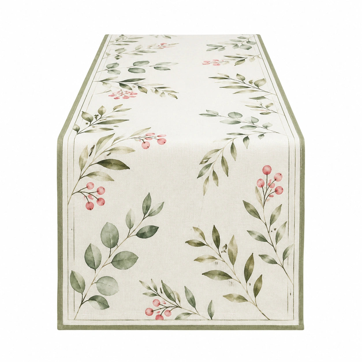 Runner da tavola 40 x 180 cm in tessuto sintetico beige verde con motivo botanico stile naturale