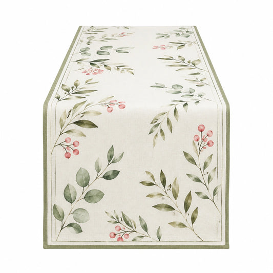 Runner da tavola 40 x 180 cm in tessuto sintetico beige verde con motivo botanico stile naturale