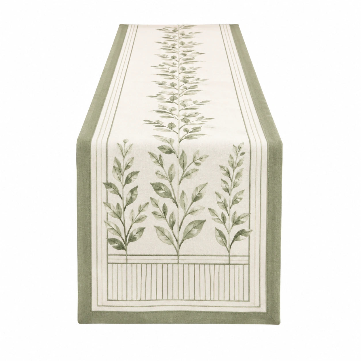 Runner da tavola 180 x 33 cm in tessuto verde e avorio con motivo botanico stile naturale