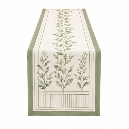 Runner da tavola 180 x 33 cm in tessuto verde e avorio con motivo botanico stile naturale