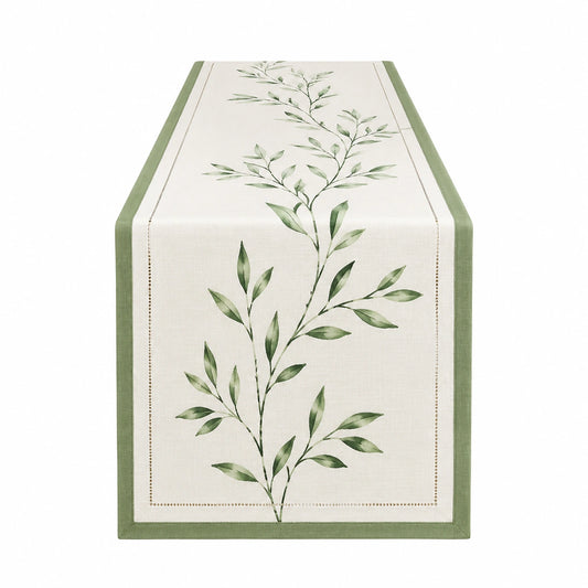 Runner da tavola 180 x 40 cm in tessuto beige e verde con motivo botanico - stile naturale