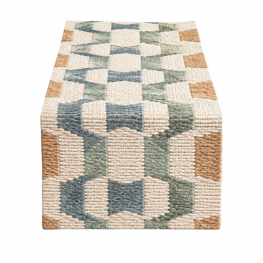 Runner da tavola 180x40 cm in tessuto intrecciato beige verde e azzurro - motivo geometrico decorativo