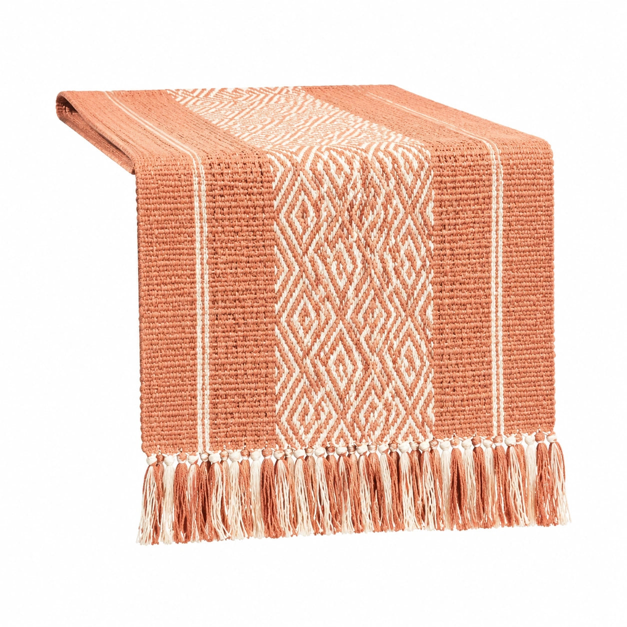 Runner da tavola 180 x 30 cm in tessuto terracotta e avorio con frange stile bohémien