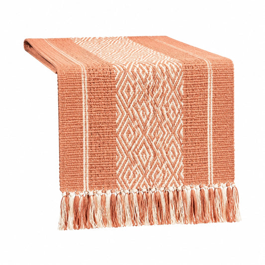 Runner da tavola 180 x 30 cm in tessuto terracotta e avorio con frange stile bohémien