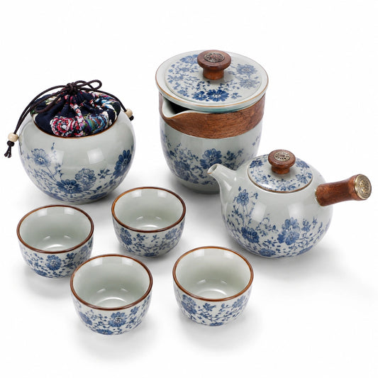 Servizio da tè in ceramica 21 cm bianco e blu con decoro floreale e dettagli in legno