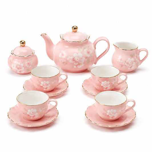 Servizio da tè in ceramica rosa 11 pezzi per 4 persone con motivo floreale