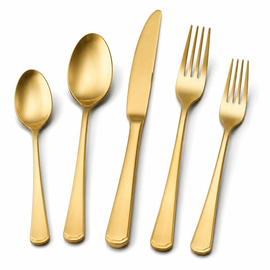 Set posate 5 pezzi in acciaio inox dorato - finitura satinata per tavola