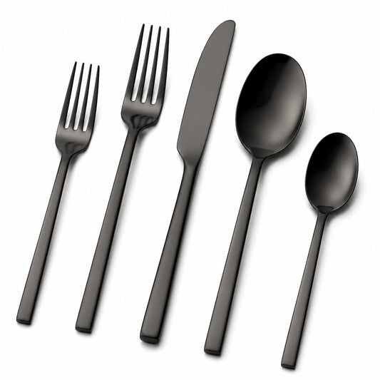 Set posate 5 pezzi da 14 a 22 cm in acciaio inox nero - design moderno da tavola