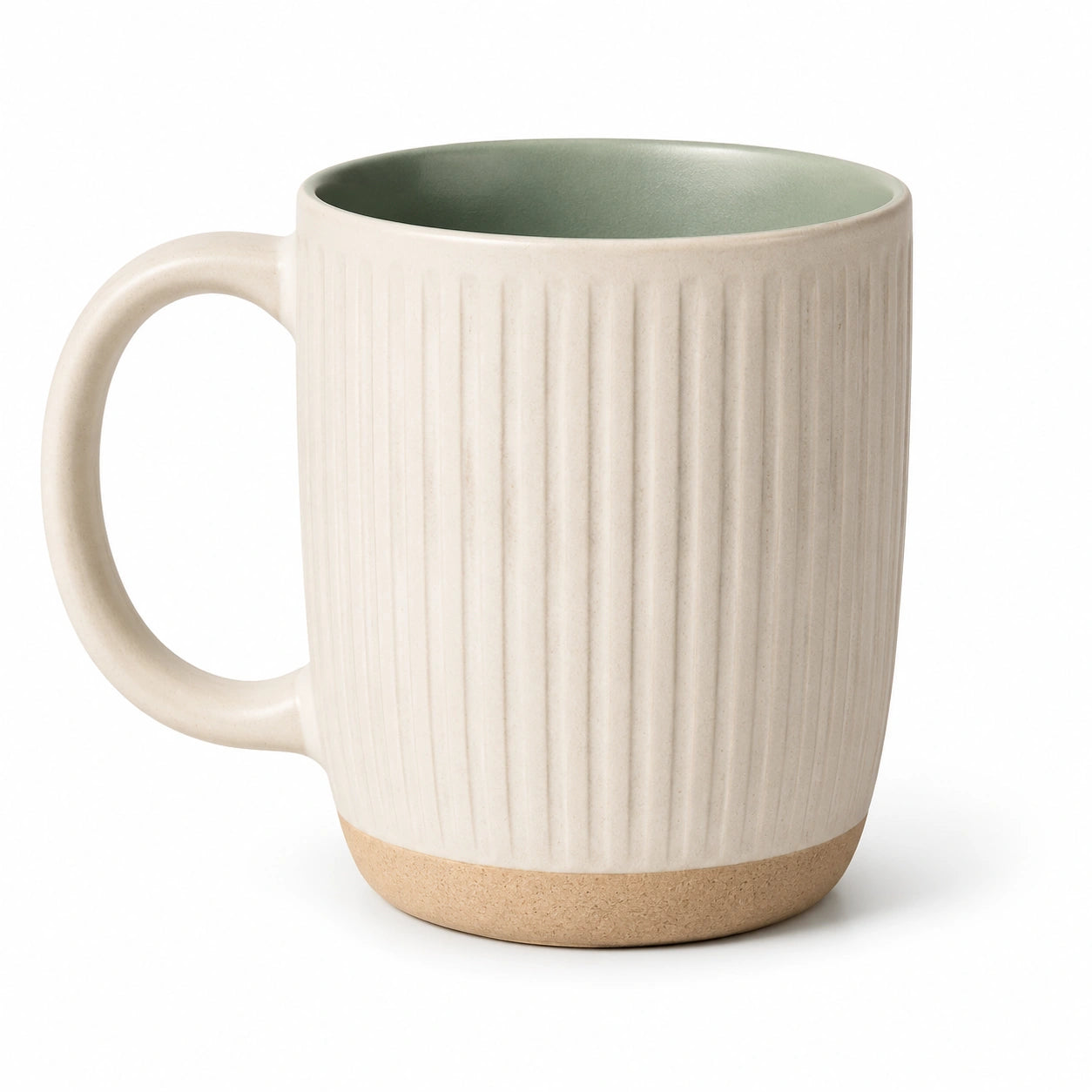 Tazza in ceramica 400 ml beige e verde con manico - design rigato