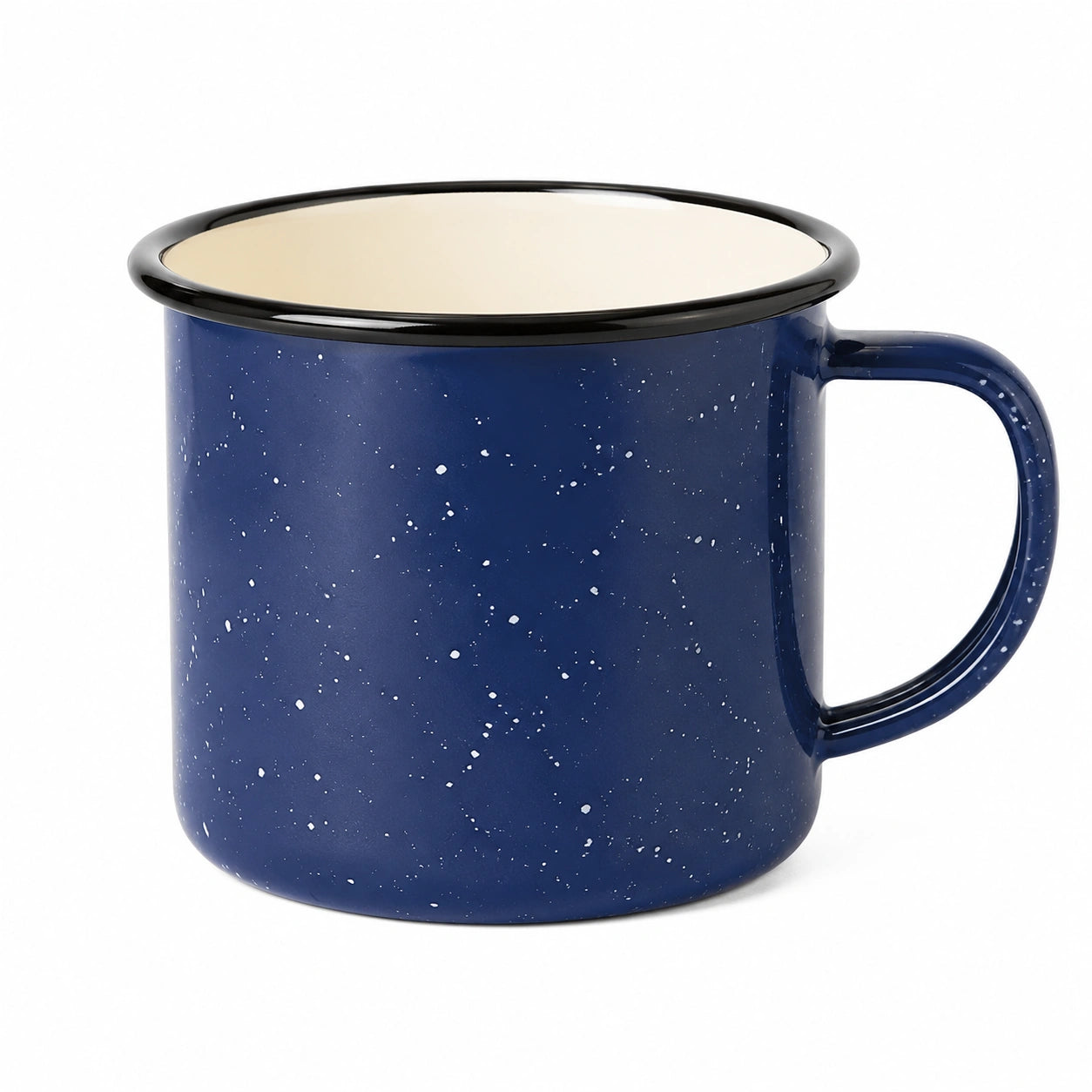 Tazza smaltata 350 ml in acciaio blu navy con bordo nero stile campeggio