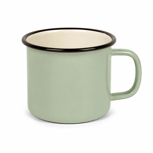 Tazza 350 ml in acciaio smaltato verde chiaro con bordo nero - stile retrò per bevande calde e fredde